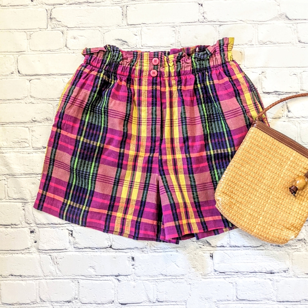 Vintage 1970/80 s madras plaid pull on shorts pink/purple plaid high waist